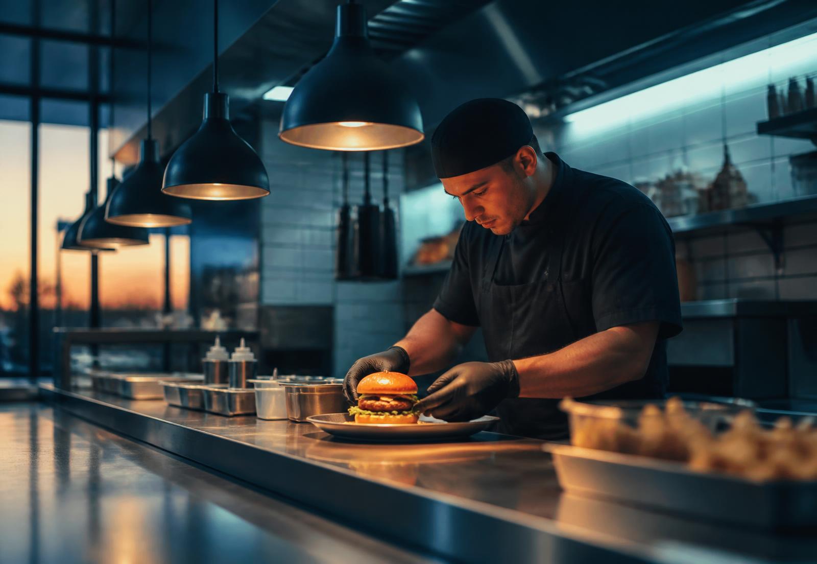 Chef plating a burger on an organised restaurant kitchen line